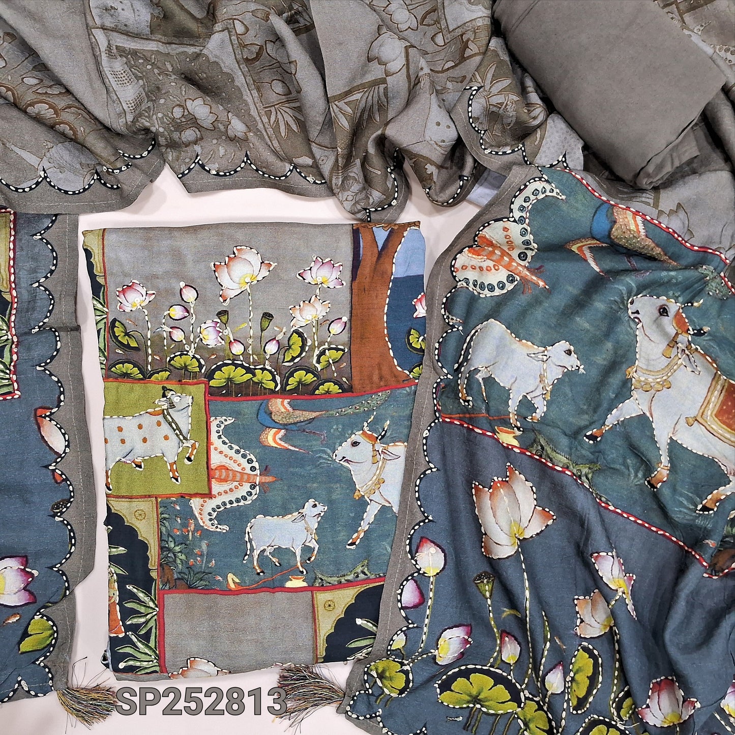 Designer premium jakard dola multicolor digital printed unstitched salwar material, heavy hand embroidery detailing (Thi, Soft, Lining Needed) Matching santoon Bottom, printed dupatta with rembroidery detaling. SP252813