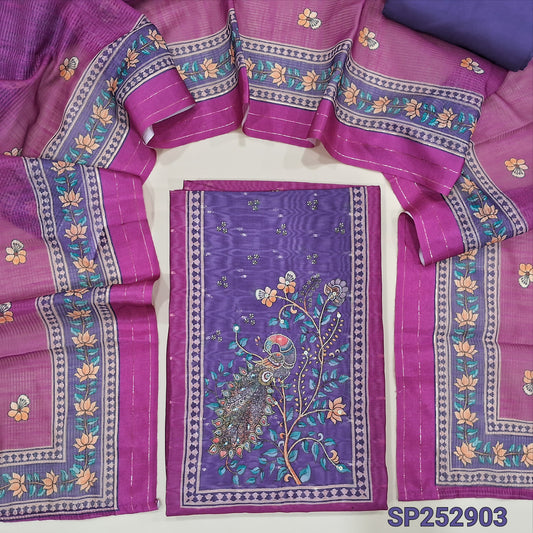 Brick red slub silk cotton unstitched salwar material, potli buttons on yoke, zari buttas all over, organza fabric with zari woven on daman,(lining needed)mehandhi yellow silk cotton bottom, zari buttas on silk cotton dupatta with organza pallu. FB262204