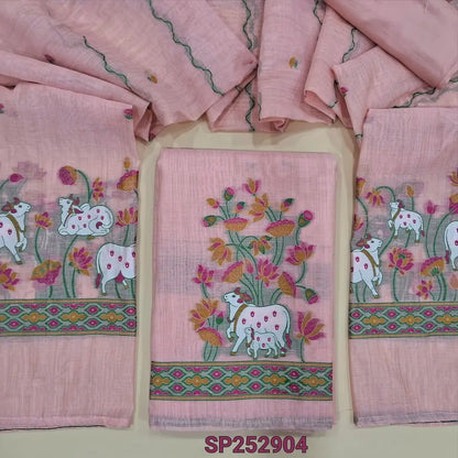 Pastel pink jamdani woven silk cotton unsitched salwar material, pichwai weaving on daman, matching Spun cotton bottom (Thin, Lightweight, Lining Needed) jamdani woven silk cotton dupatta. SP252904