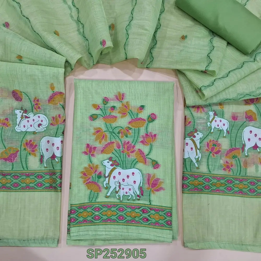 Pastel Green jamdani woven silk cotton unsitched salwar material, pichwai weaving on daman, matching Spun cotton bottom (Thin, Lightweight, Lining Needed) jamdani woven silk cotton dupatta. SP252905
