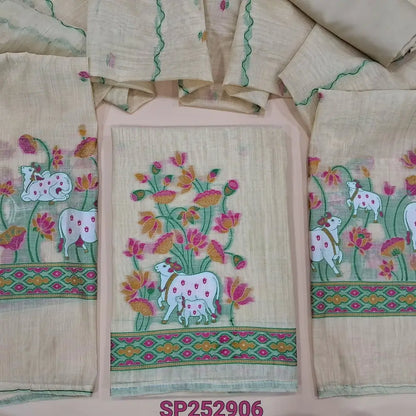 Half white jamdani woven silk cotton unsitched salwar material, pichwai weaving on daman, matching Spun cotton bottom (Thin, Lightweight, Lining Needed) jamdani woven silk cotton dupatta. SP252906