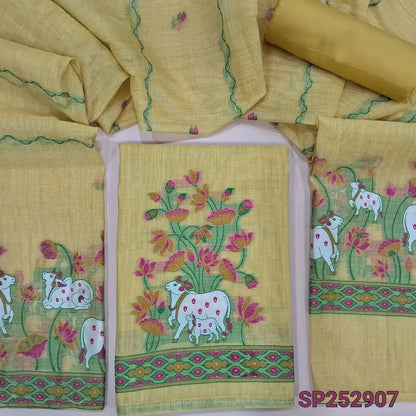Pastel yellow jamdani woven silk cotton unsitched salwar material, pichwai weaving on daman, matching Spun cotton bottom (Thin, Lightweight, Lining Needed) jamdani woven silk cotton dupatta. SP252907