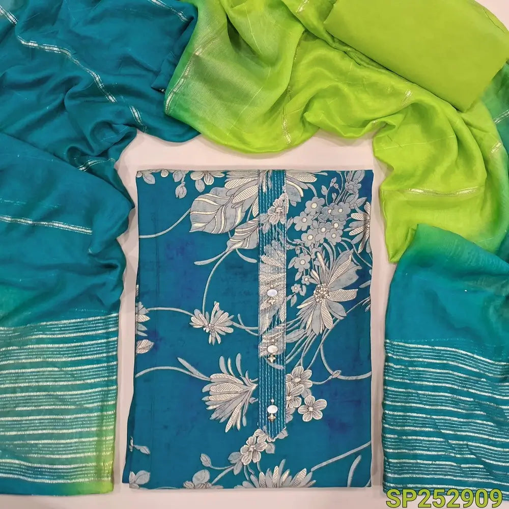 Turquoise blue with green digital printed silk cotton unstitched salwar material, Simple Yoke (Soft, Lining Optional) contrast cotton bottom, dual shaded fancy silk cotton dupatta with zari lines. SP252909