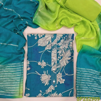 Turquoise blue with green digital printed silk cotton unstitched salwar material, Simple Yoke (Soft, Lining Optional) contrast cotton bottom, dual shaded fancy silk cotton dupatta with zari lines. SP252909