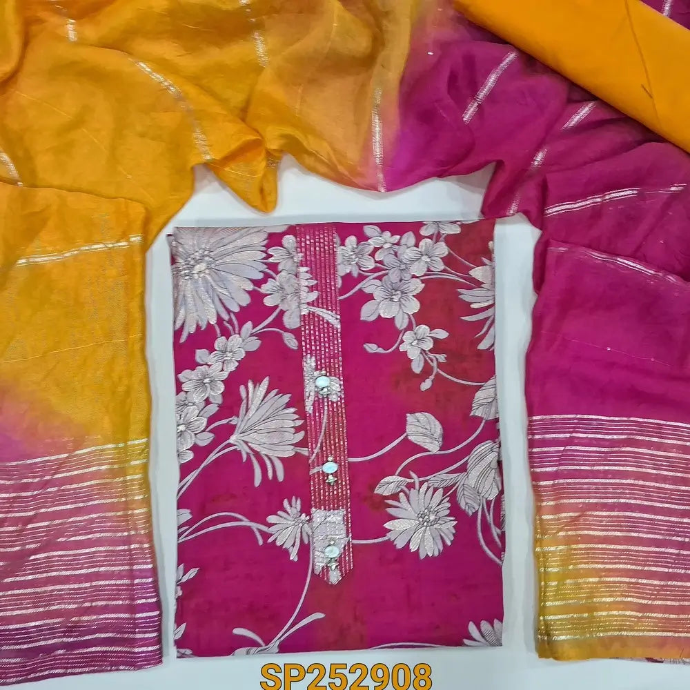 Bright Pink with Orange digital printed silk cotton unstitched salwar material, Simple Yoke (Soft, Lining Optional) contrast cotton bottom, dual shaded fancy silk cotton dupatta with zari lines. SP252908
