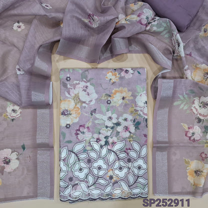Light Mauve printed semi linen unstitched salwar material, embroidery on front and daman (Textured, Lining Needed) Matching Santoon Bottom, Printed semi linen dupatta. SP252911