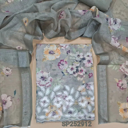 Light Grey printed semi linen unstitched salwar material, embroidery on front and daman (Textured, Lining Needed) Matching Santoon Bottom, Printed semi linen dupatta. SP252912