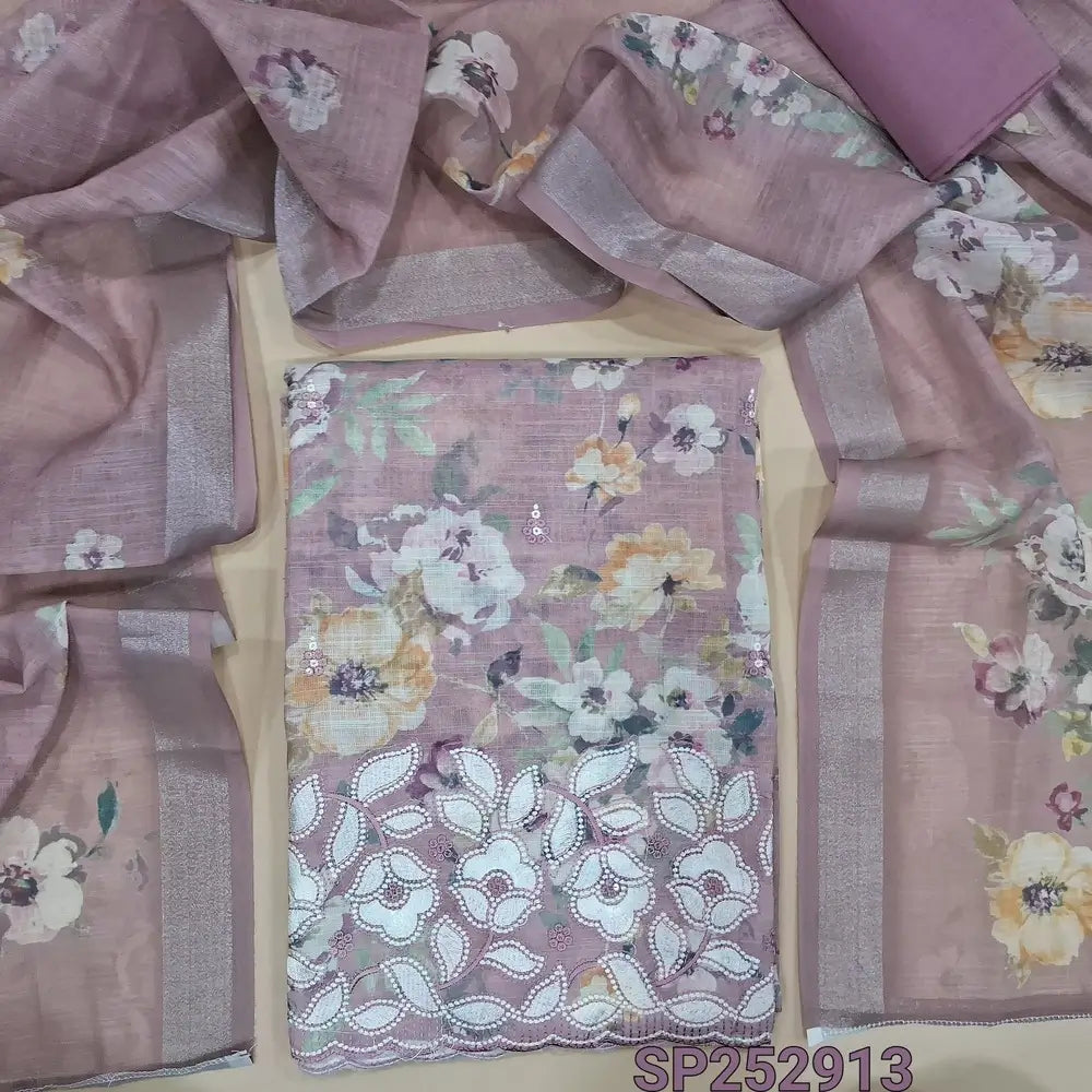 Light Onion Pink printed semi linen unstitched salwar material, embroidery on front and daman (Textured, Lining Needed) Matching Santoon Bottom, Printed semi linen dupatta. SP252913