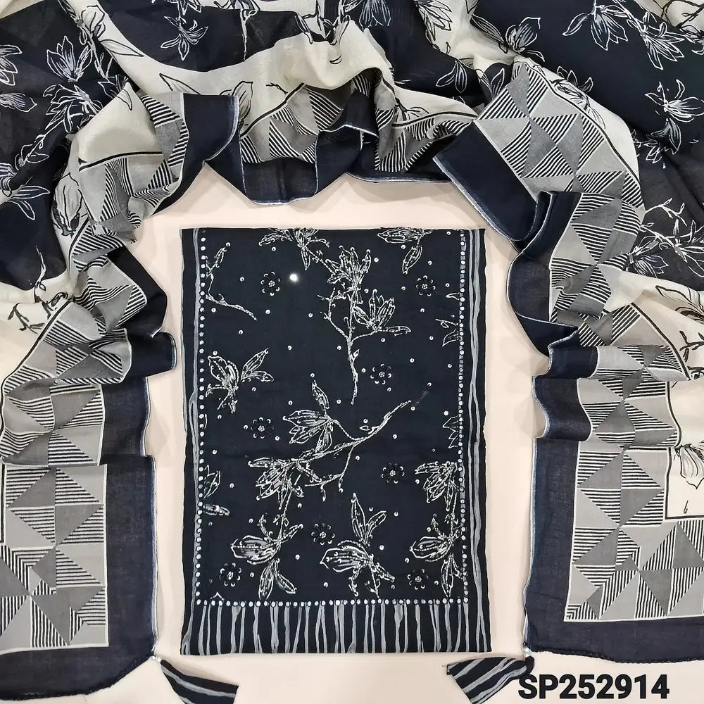 Black premium printed cotton unstitched salwar material, bead work on yoke (Thin, Lining Optional) Printed soft cotton bottom and printed dupatta. SP252914