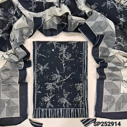 Black premium printed cotton unstitched salwar material, bead work on yoke (Thin, Lining Optional) Printed soft cotton bottom and printed dupatta. SP252914