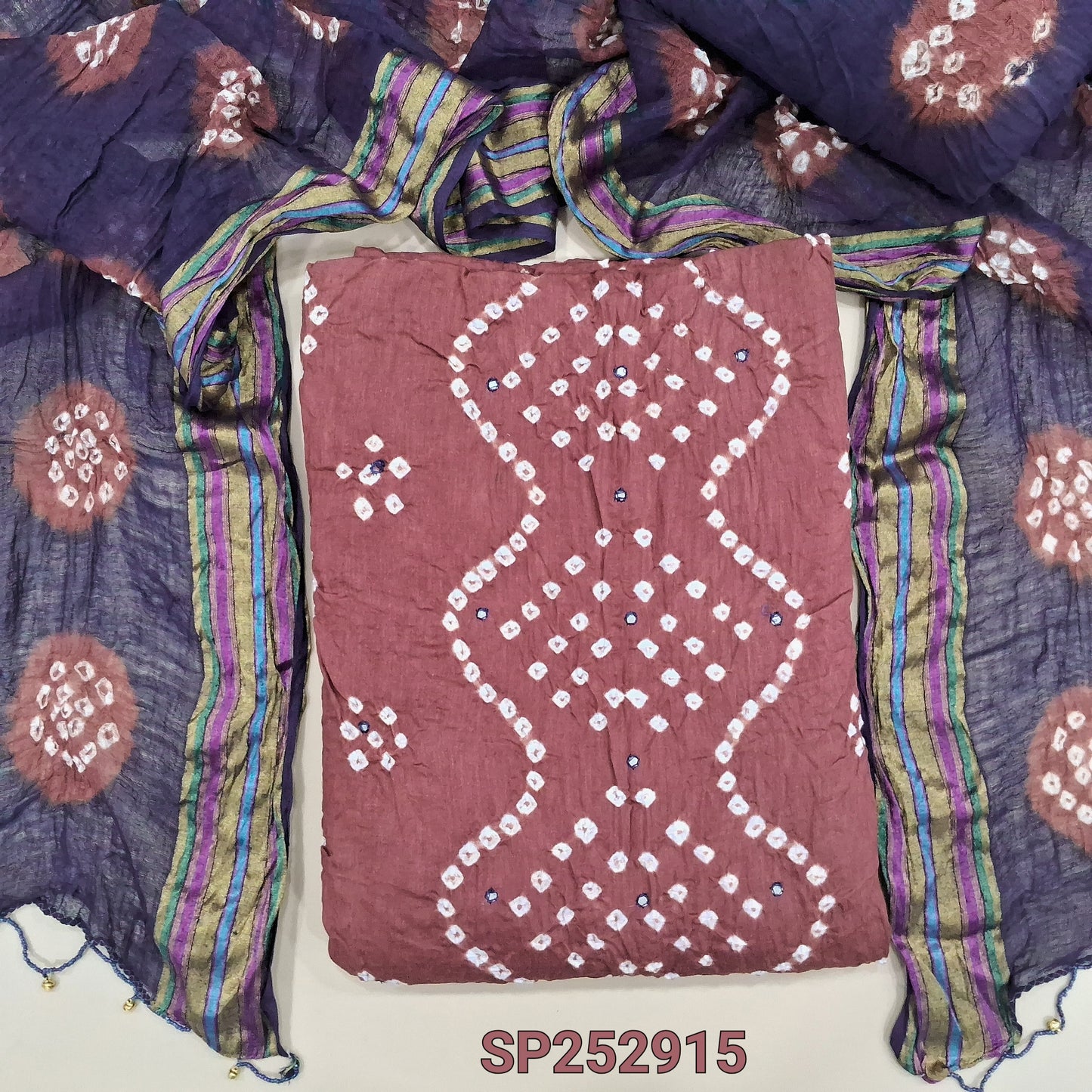 Dark Onion Pink Pure cotton orginal bandhini dyed unstitched salwar material, faux mirror work on front, Dark Blue cotton bottom, tye-and-dye dupatta with borders. SP252915