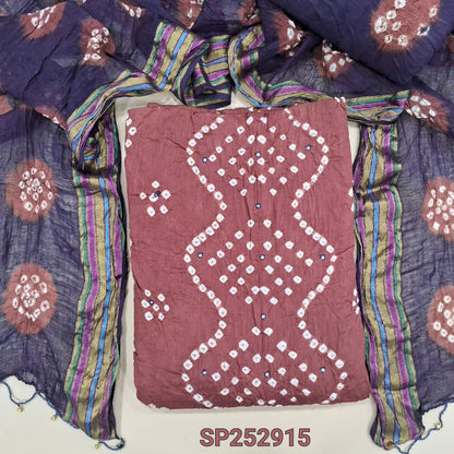 Dark Onion Pink Pure cotton orginal bandhini dyed unstitched salwar material, faux mirror work on front, Dark Blue cotton bottom, tye-and-dye dupatta with borders. SP252915