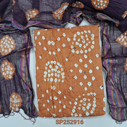 Sand Brown Pure cotton orginal bandhini dyed unstitched salwar material, faux mirror work on front, Dark Maroon cotton bottom, tye-and-dye dupatta with borders. SP252916