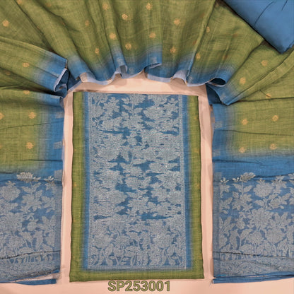 Mossy green premium silk cotton unstitched salwar material, banarasi antique gold zari woven yoke, small zari floral buttas on front (Thin, Lining Needed) Blue bottom, dupatta with zari buttas and rich pallu. SP253001