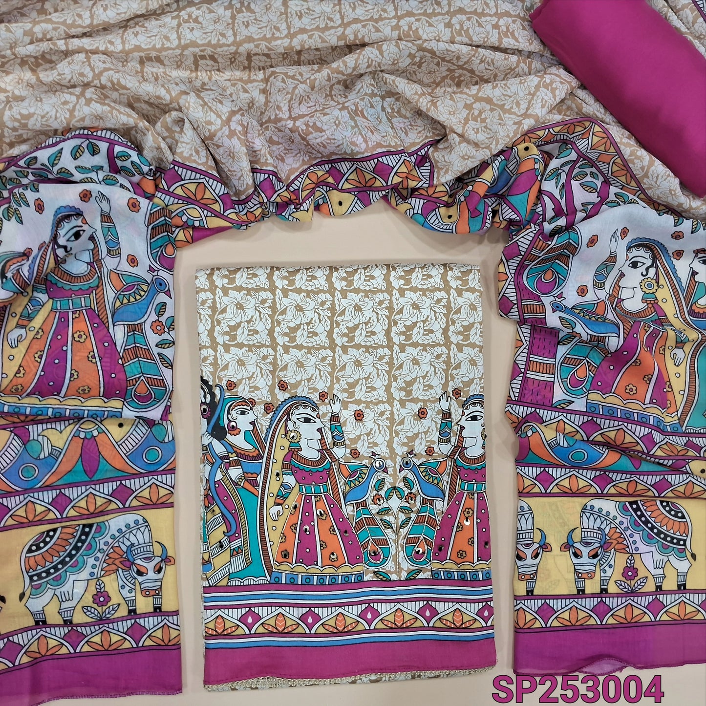 Beige printed soft satin cotton unstitched salwar material, printed daman with bead work (Thin, Lining Needed) Pink Spun Cotton Bottom, printed mixed cotton dupatta. SP253004