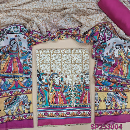 Beige printed soft satin cotton unstitched salwar material, printed daman with bead work (Thin, Lining Needed) Pink Spun Cotton Bottom, printed mixed cotton dupatta. SP253004