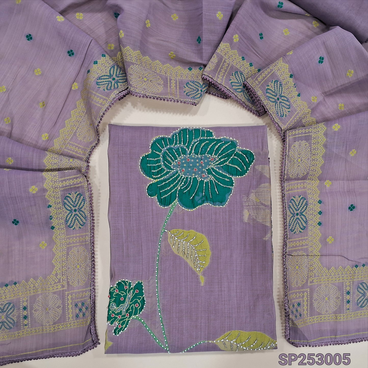 Lavender premium silk cotton jamdani woven unstitched salwar material, thread woven daman with bead and zardosi work (Soft, Lining Needed) matching santoon bottom,thread woven silk cotton dupatta. SP253005