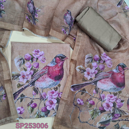 Light brownish beige soft silk cotton unstitched salwar material, digital printed outlined with hand embroidery work, real mirror work on yoke (Thin, Lining Needeed) Matching silky bottom, digital printed silk cotton dupatta. SP253006