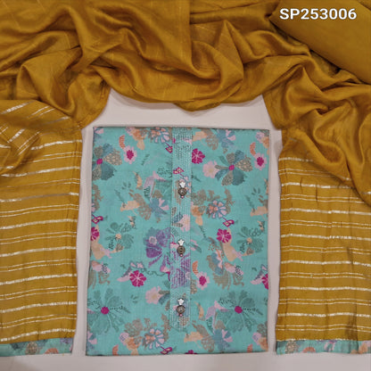 Pastel blue tissue silk cotton unstitched salwar material, printed, thin gold zari lines all over (lightweight, Thin, Lining Needed) Simple Yoke, Mehandi yellow cotton bottom, fancy silk cotton dupatta with sequins and zari lines. SP253007