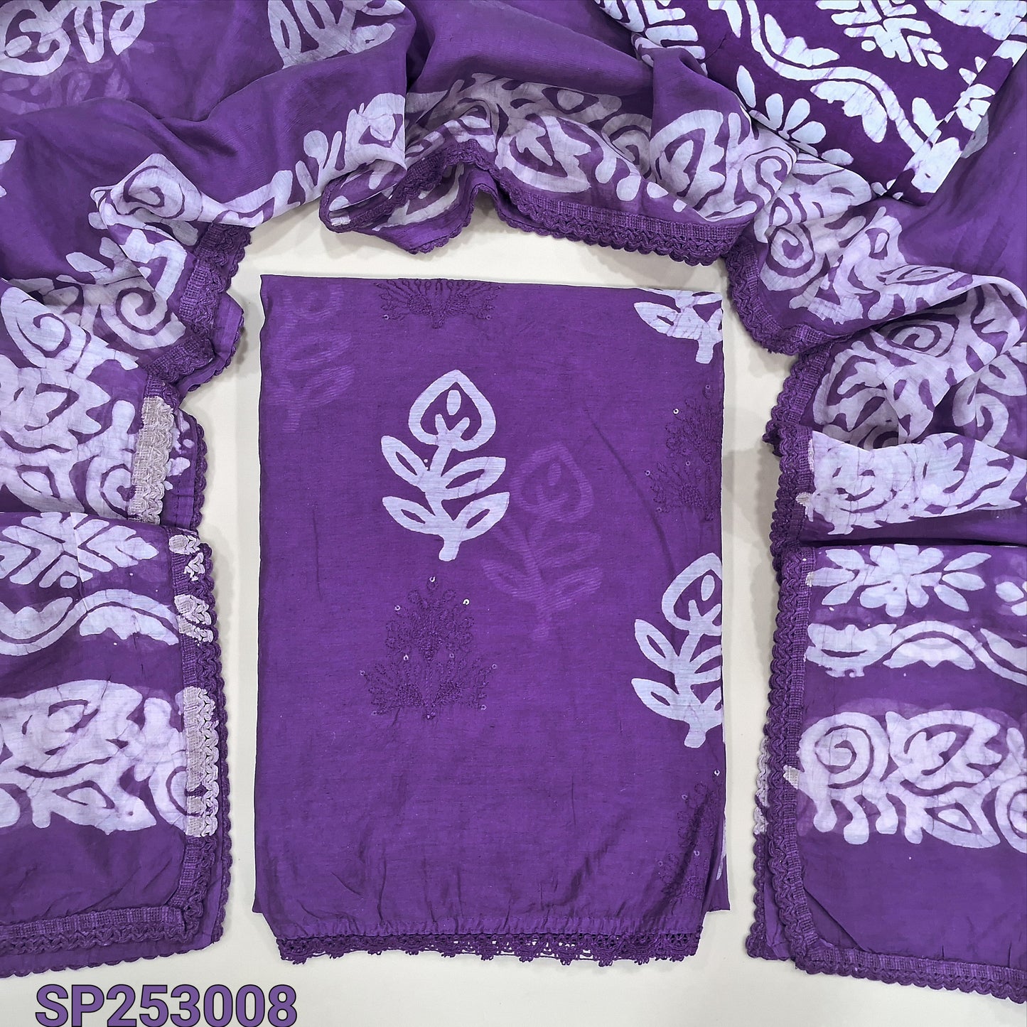 Violet Batik dyed fancy silk cotton unstitched salwar material, batik dye and embroidery work on front(lining needed) batik dyed santoon bottom and fancy silk cotton dupatta. SP253008