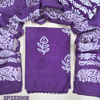 Violet Batik dyed fancy silk cotton unstitched salwar material, batik dye and embroidery work on front(lining needed) batik dyed santoon bottom and fancy silk cotton dupatta. SP253008