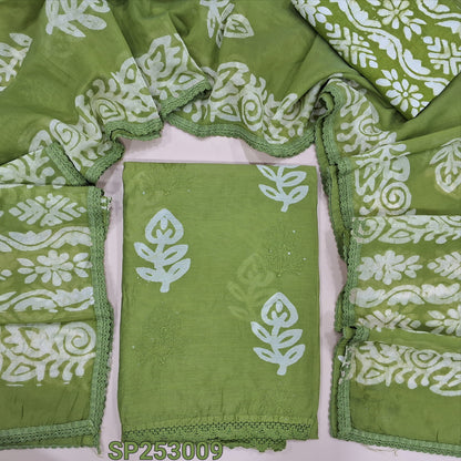Mossy Green Batik dyed fancy silk cotton unstitched salwar material, batik dye and embroidery work on front(lining needed) batik dyed santoon bottom and fancy silk cotton dupatta. SP253009