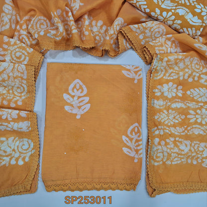 Mango Yellow Batik dyed fancy silk cotton unstitched salwar material, batik dye and embroidery work on front(lining needed) batik dyed santoon bottom and fancy silk cotton dupatta. SP253011