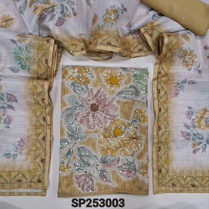 Golden beige crinkled tissue silk cotton unstitched salwar material, simple yoke, Printed daman with hand embroiderey work (Lining Needed) Matching Santoon Bottom, Premium tissue silk cotton floral printed dupatta. SP253003