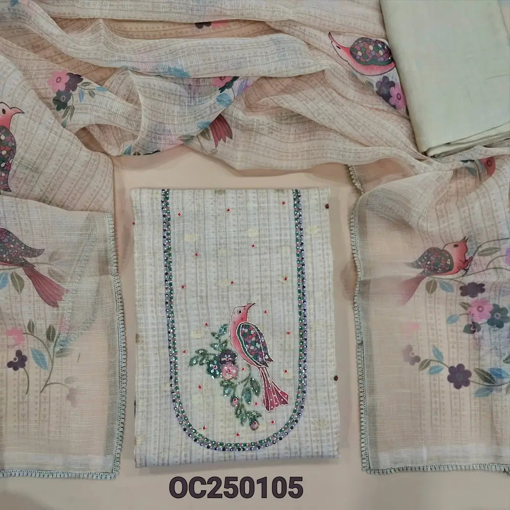 Light beige digital printed silk cotton unstitched salwar material, prints highlighted with zardosi and bead work, zari buttas all over (Thin, Textured, Lining Needed) Matching santoon Bottom, digital printed silk cotton dupatta. OC250105