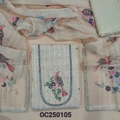 Light beige digital printed silk cotton unstitched salwar material, prints highlighted with zardosi and bead work, zari buttas all over (Thin, Textured, Lining Needed) Matching santoon Bottom, digital printed silk cotton dupatta. OC250105