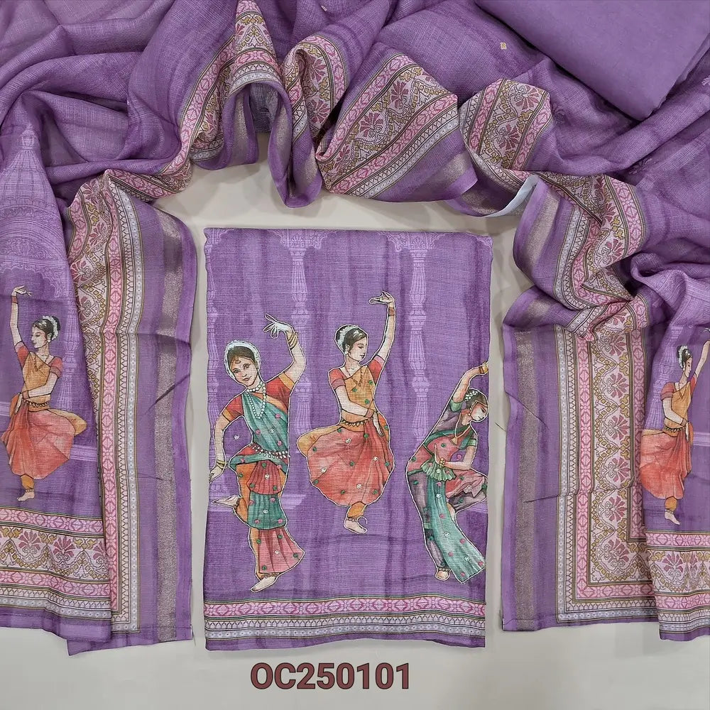Light Purple semi linen digital printed unstitched salwar material, prints highlighted with zardozi and sequins work (Textured, Lining Needed) Matching santoon bottom, Digital printed semi linen short width dupatta. OC250101