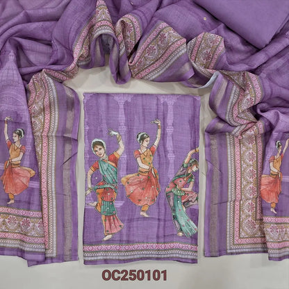 Light Purple semi linen digital printed unstitched salwar material, prints highlighted with zardozi and sequins work (Textured, Lining Needed) Matching santoon bottom, Digital printed semi linen short width dupatta. OC250101