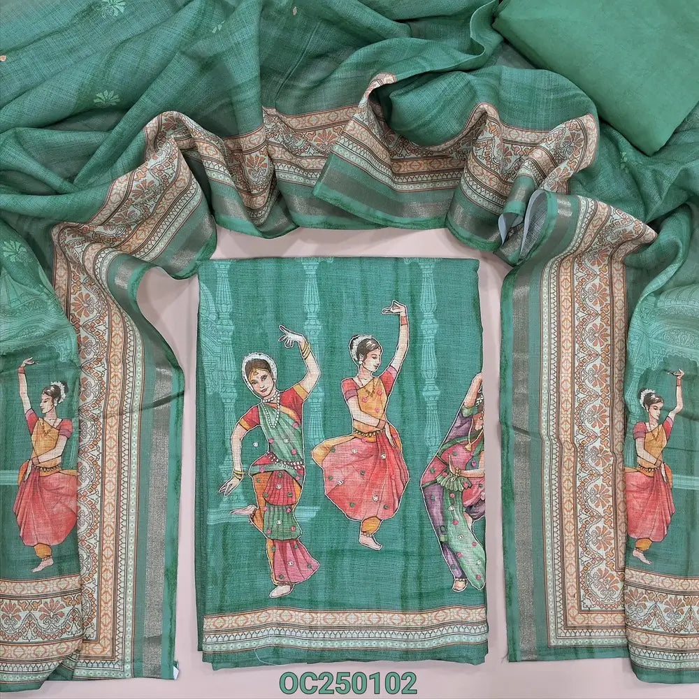 Turquoise Green semi linen digital printed unstitched salwar material, prints highlighted with zardozi and sequins work (Textured, Lining Needed) Matching santoon bottom, Digital printed semi linen short width dupatta. OC250102