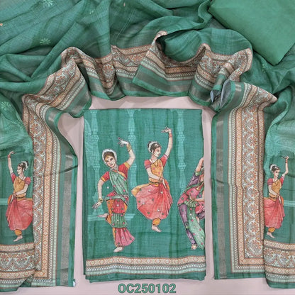 Turquoise Green semi linen digital printed unstitched salwar material, prints highlighted with zardozi and sequins work (Textured, Lining Needed) Matching santoon bottom, Digital printed semi linen short width dupatta. OC250102