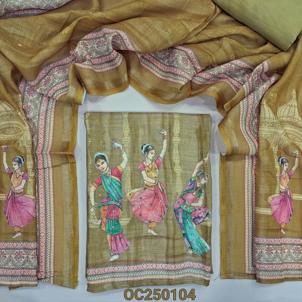 Light Mehandi Green semi linen digital printed unstitched salwar material, prints highlighted with zardozi and sequins work (Textured, Lining Needed) Matching santoon bottom, Digital printed semi linen short width dupatta. OC250104