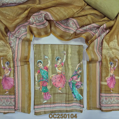 Light Mehandi Green semi linen digital printed unstitched salwar material, prints highlighted with zardozi and sequins work (Textured, Lining Needed) Matching santoon bottom, Digital printed semi linen short width dupatta. OC250104