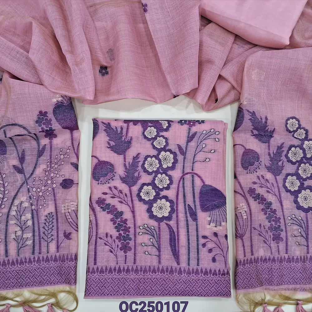 Pastel pink jamdani woven premium silk cotton unstitched salwar material, rich weaving on daman (Thin, Lining Needed) Matching santoon bottom, jamdani woven full legth dupatta with handmade designer tassels. OC250107