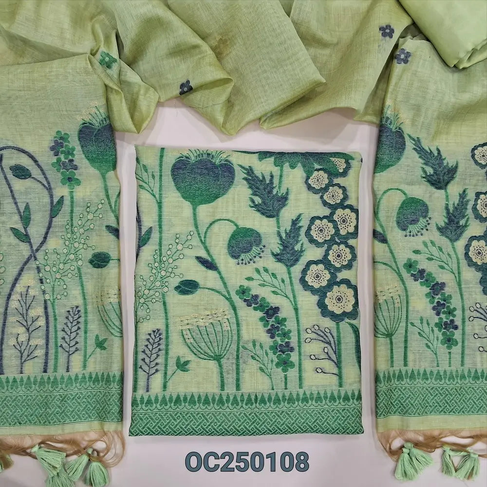 Pastel green jamdani woven premium silk cotton unstitched salwar material, rich weaving on daman (Thin, Lining Needed) Matching santoon bottom, jamdani woven full legth dupatta with handmade designer tassels. OC250108