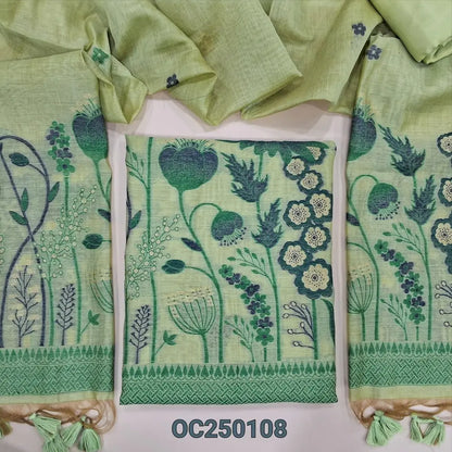 Pastel green jamdani woven premium silk cotton unstitched salwar material, rich weaving on daman (Thin, Lining Needed) Matching santoon bottom, jamdani woven full legth dupatta with handmade designer tassels. OC250108
