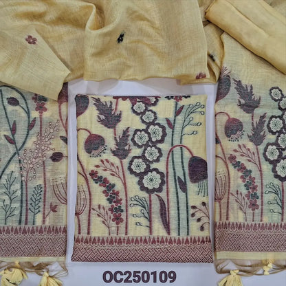 Pastel yellow jamdani woven premium silk cotton unstitched salwar material, rich weaving on daman (Thin, Lining Needed) Matching santoon bottom, jamdani woven full legth dupatta with handmade designer tassels. OC250109