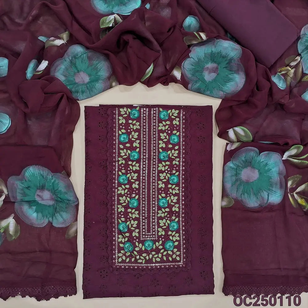 Dark Beetroot Purple schiffli embroidered cotton unstitched salwar material, embroidery& sequins work on yoke(lining needed)matching cotton bottom, brush painted fancy chiffon dupatta with lace tapings. OC250110
