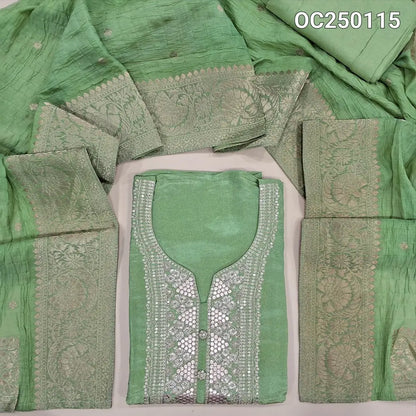 Pastel Green Premium Tissue Silk Unstitched Salwar Materials,sequins and zari work on yoke (Thin, Soft, Lining Needed) Matching Santoon Bottom, Crinckled short width banarasi zari woven short width dupatta. OC250115