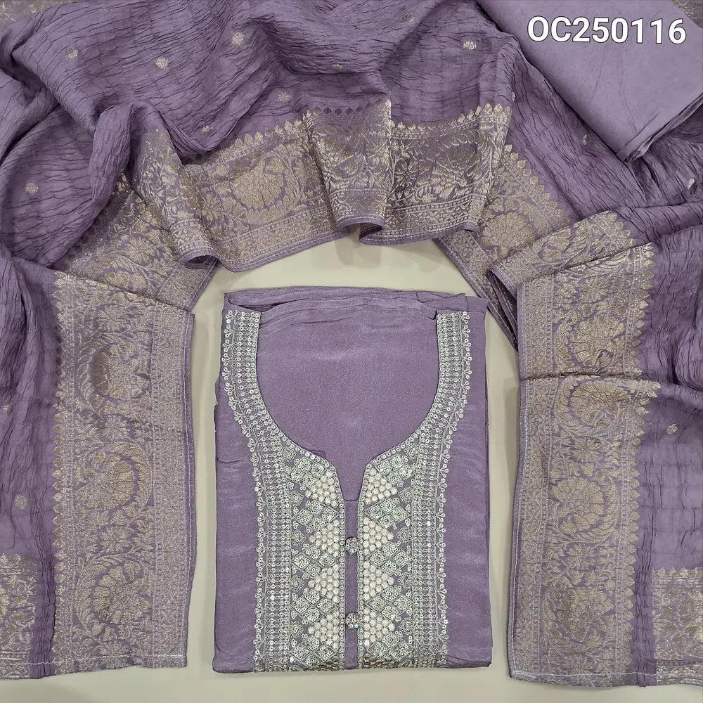 Lavender Premium Tissue Silk Unstitched Salwar Materials,sequins and zari work on yoke (Thin, Soft, Lining Needed) Matching Santoon Bottom, Crinckled short width banarasi zari woven short width dupatta. OC250116