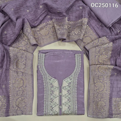 Lavender Premium Tissue Silk Unstitched Salwar Materials,sequins and zari work on yoke (Thin, Soft, Lining Needed) Matching Santoon Bottom, Crinckled short width banarasi zari woven short width dupatta. OC250116