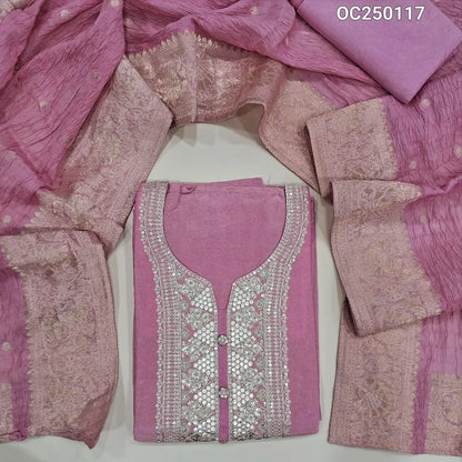 Pastel Pink Premium Tissue Silk Unstitched Salwar Materials,sequins and zari work on yoke (Thin, Soft, Lining Needed) Matching Santoon Bottom, Crinckled short width banarasi zari woven short width dupatta. OC250117