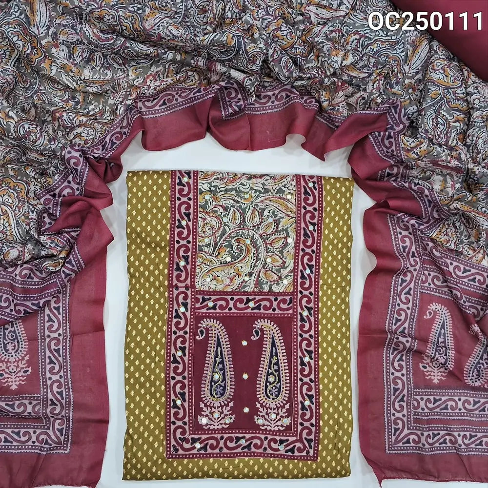 Mehandi Yellow printed satin cotton unstitched salwar material, ajrak and kalamkari patch on yoke (Soft, Lining Needed) Contrast spun cotton bottom, mixed cotton printed short width dupatta. OC250111