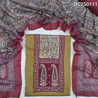 Mehandi Yellow printed satin cotton unstitched salwar material, ajrak and kalamkari patch on yoke (Soft, Lining Needed) Contrast spun cotton bottom, mixed cotton printed short width dupatta. OC250111