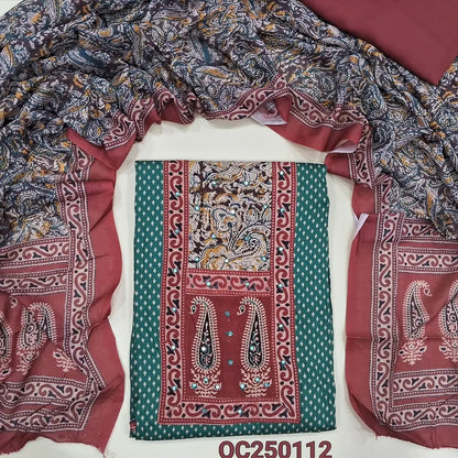 Teal Green printed satin cotton unstitched salwar material, ajrak and kalamkari patch on yoke (Soft, Lining Needed) Contrast spun cotton bottom, mixed cotton printed short width dupatta. OC250112