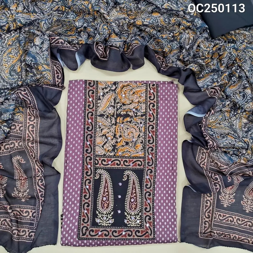 Mauve printed satin cotton unstitched salwar material, ajrak and kalamkari patch on yoke (Soft, Lining Needed) Contrast spun cotton bottom, mixed cotton printed short width dupatta. OC250113