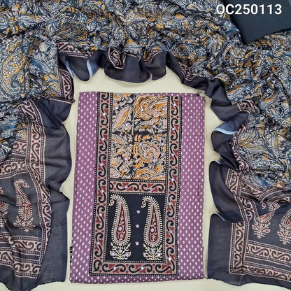 Mauve printed satin cotton unstitched salwar material, ajrak and kalamkari patch on yoke (Soft, Lining Needed) Contrast spun cotton bottom, mixed cotton printed short width dupatta. OC250113